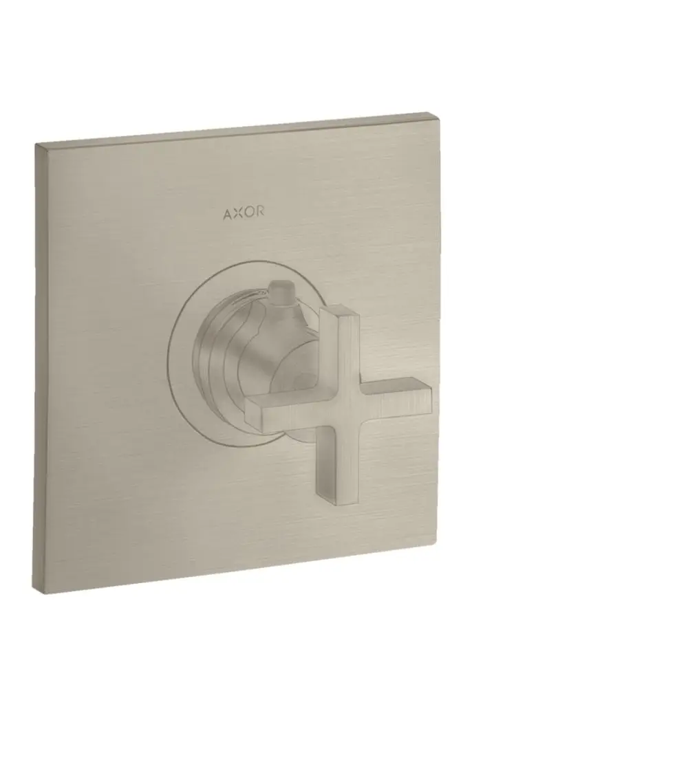 Thermostatunterputz mit Kreuzgriff in gebürstetem Nickel, hergestellt von AXOR. Quadratische Wandplatte mit zentralem Steuerungselement für die Wasserregulierung.